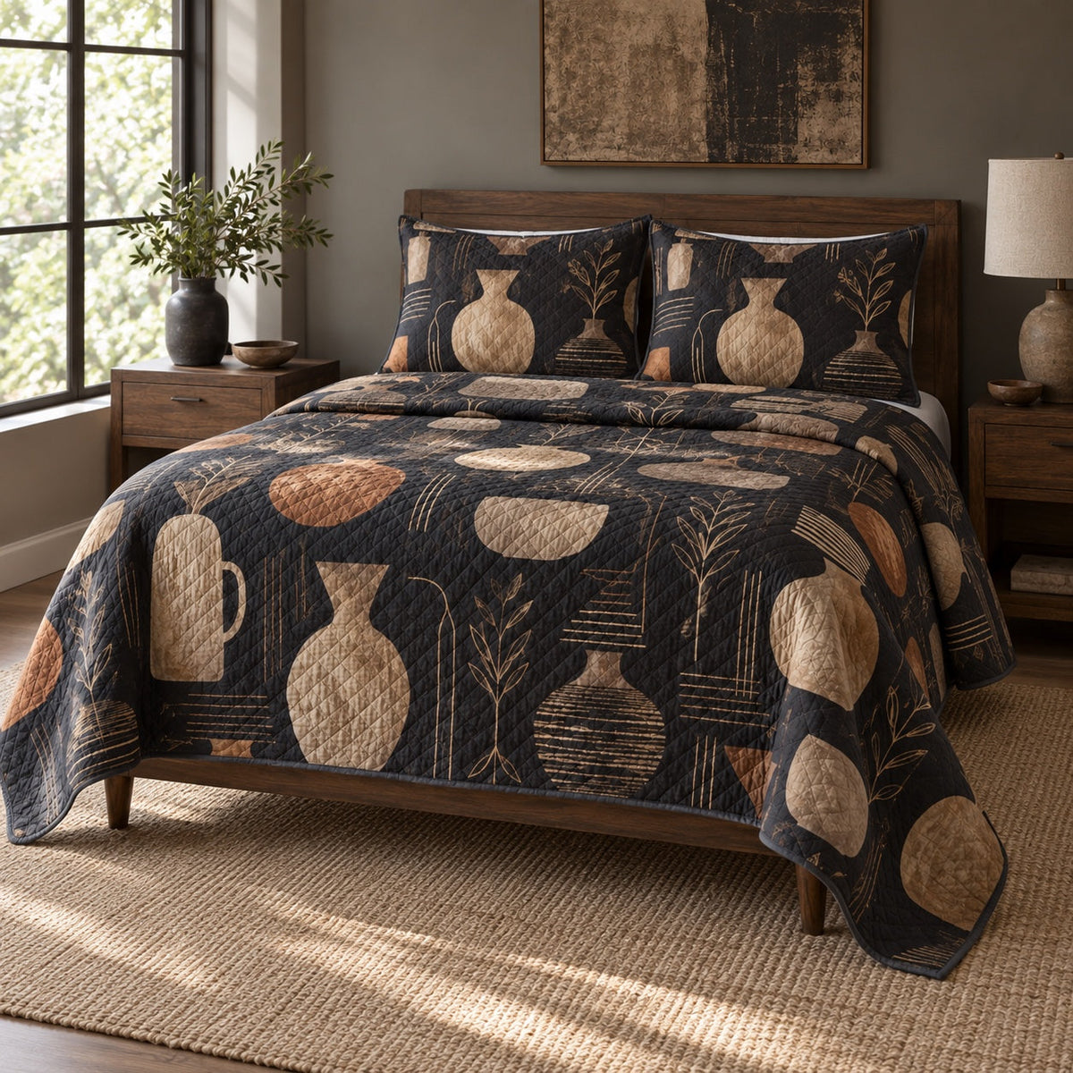 Kiln Earth Pottery Quilt Set, angled pottery bedroom view