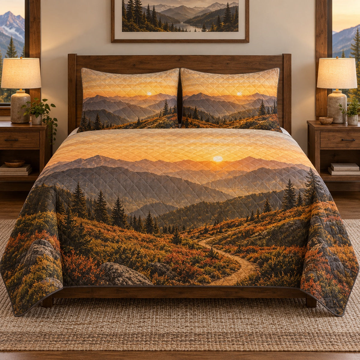 Golden Ascent Hiking Quilt Set, front hiking bedroom view
