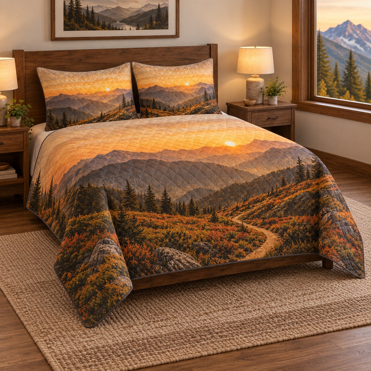 Golden Ascent Hiking Quilt Set, angled hiking bedroom view