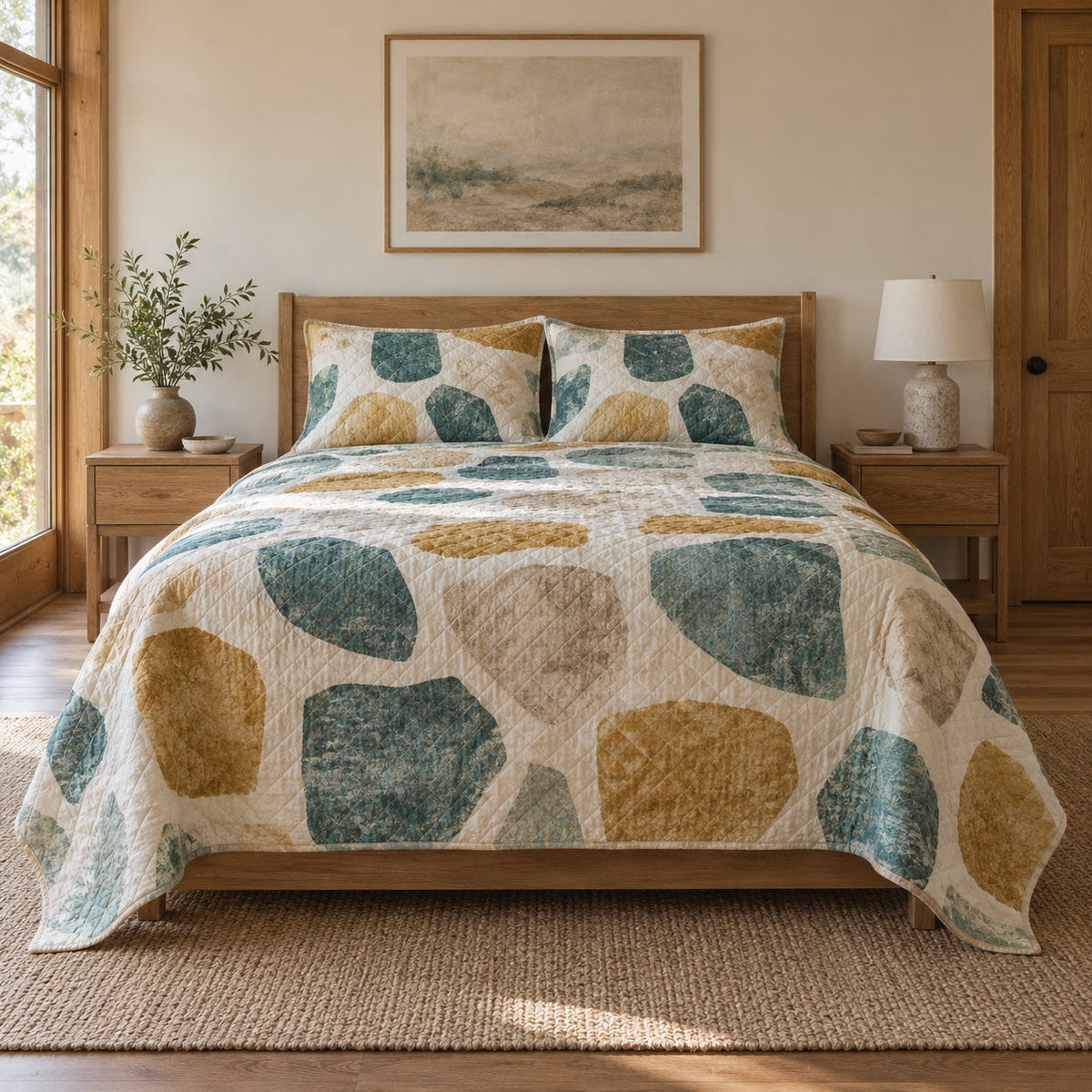Glaze Sample Pottery Quilt Set, front pottery bedroom view