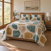 Glaze Sample Pottery Quilt Set, angled pottery bedroom view