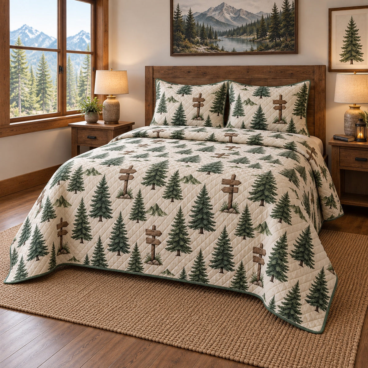 Forest Waypoints Hiking Quilt Set, angled hiking bedroom view