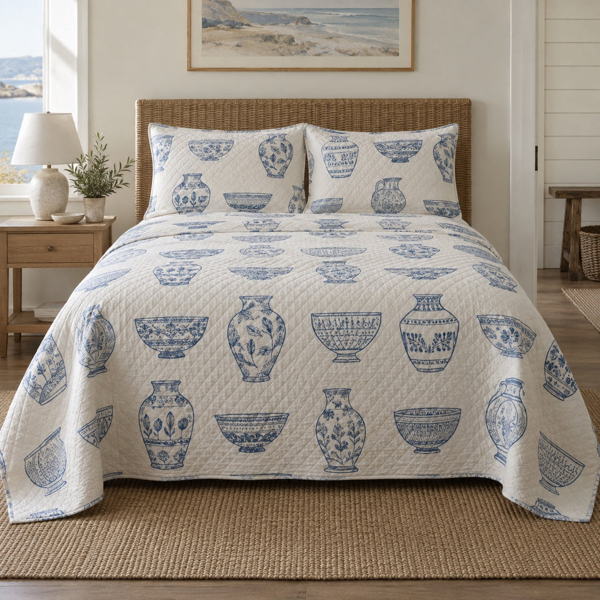 Porcelain Lines Pottery Quilt Set, front pottery bedroom view