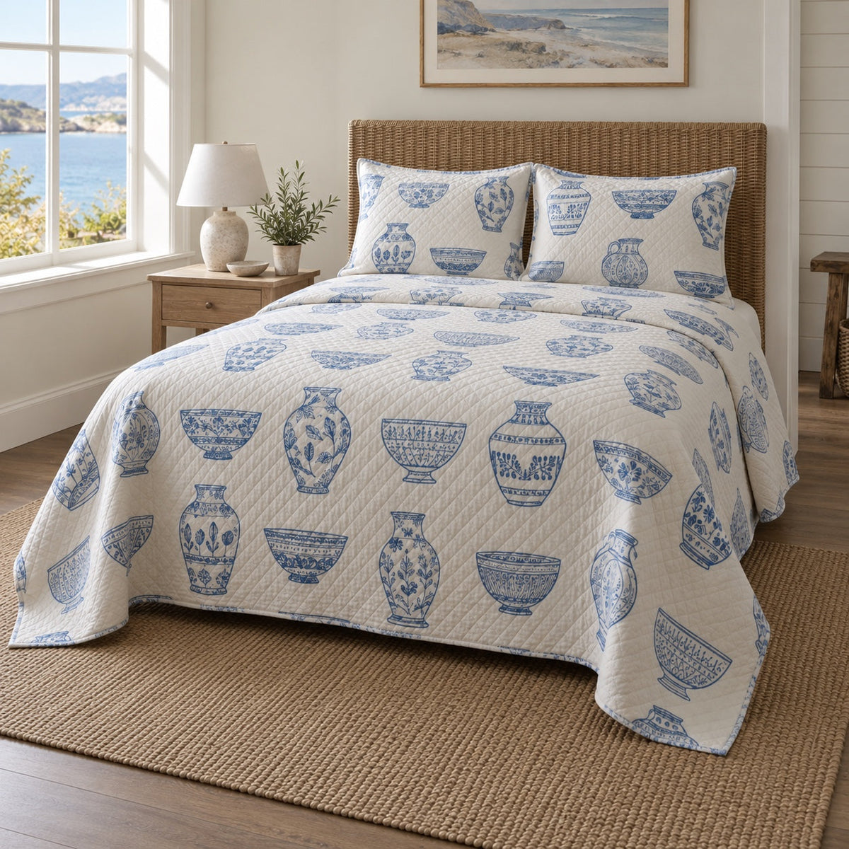 Porcelain Lines Pottery Quilt Set, angled pottery bedroom view