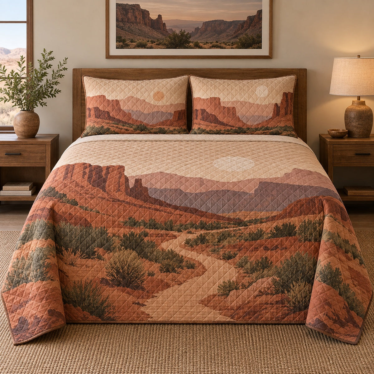 Desert Trek Hiking Quilt Set, front hiking bedroom view