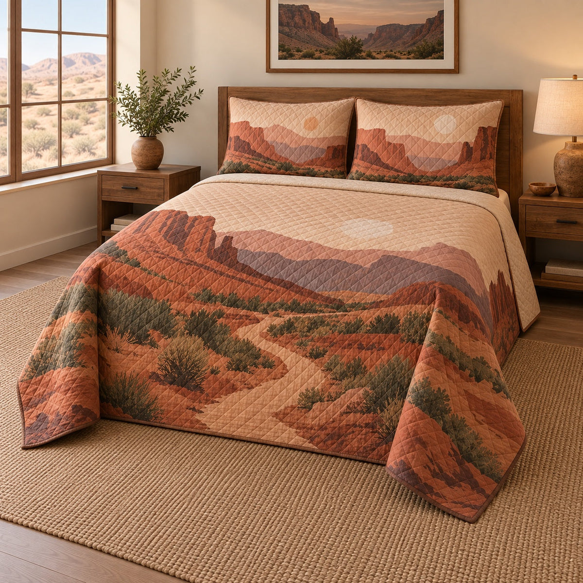 Desert Trek Hiking Quilt Set, angled hiking bedroom view