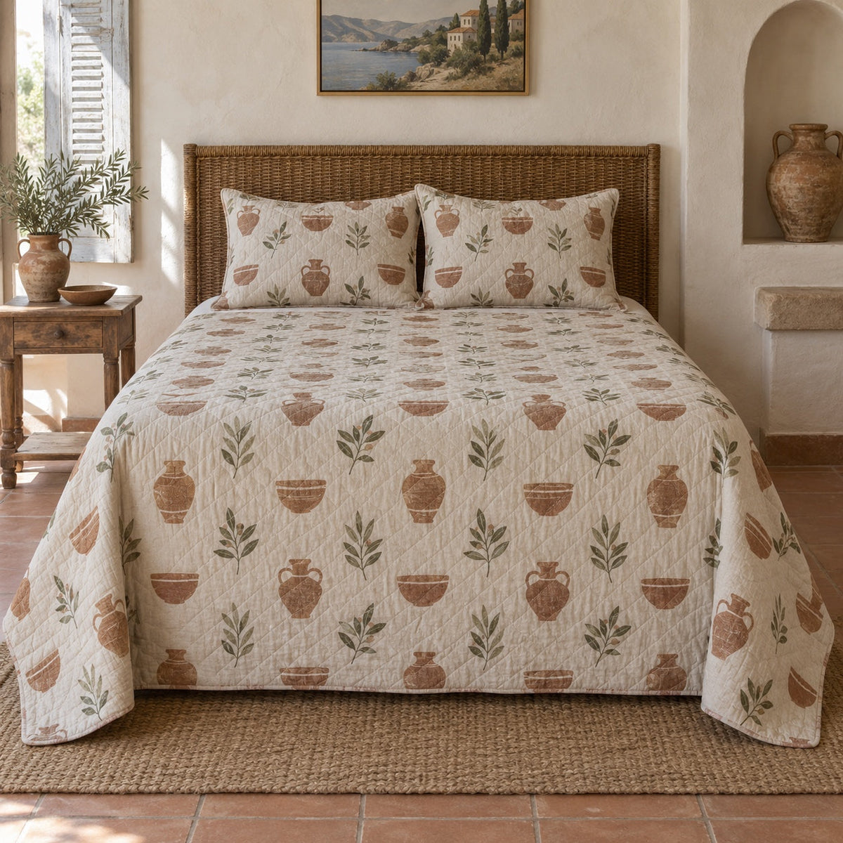 Terracotta Vessels Pottery Quilt Set, front pottery bedroom view