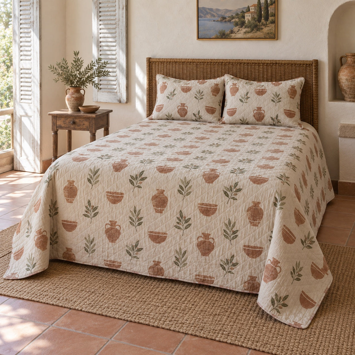 Terracotta Vessels Pottery Quilt Set, angled pottery bedroom view