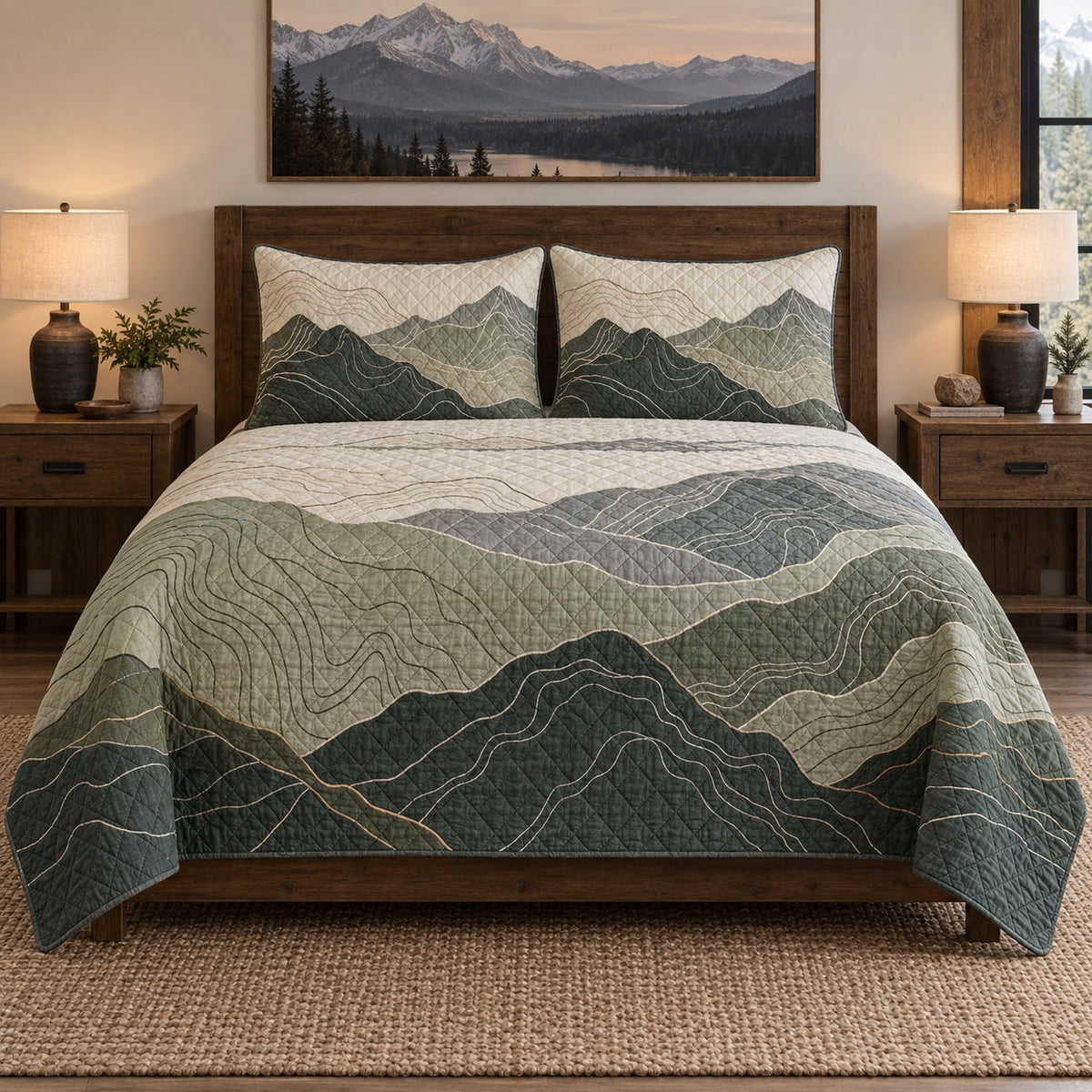 Alpine Map Hiking Quilt Set, front hiking bedroom view