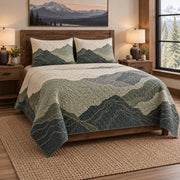 Alpine Map Hiking Quilt Set, angled hiking bedroom view
