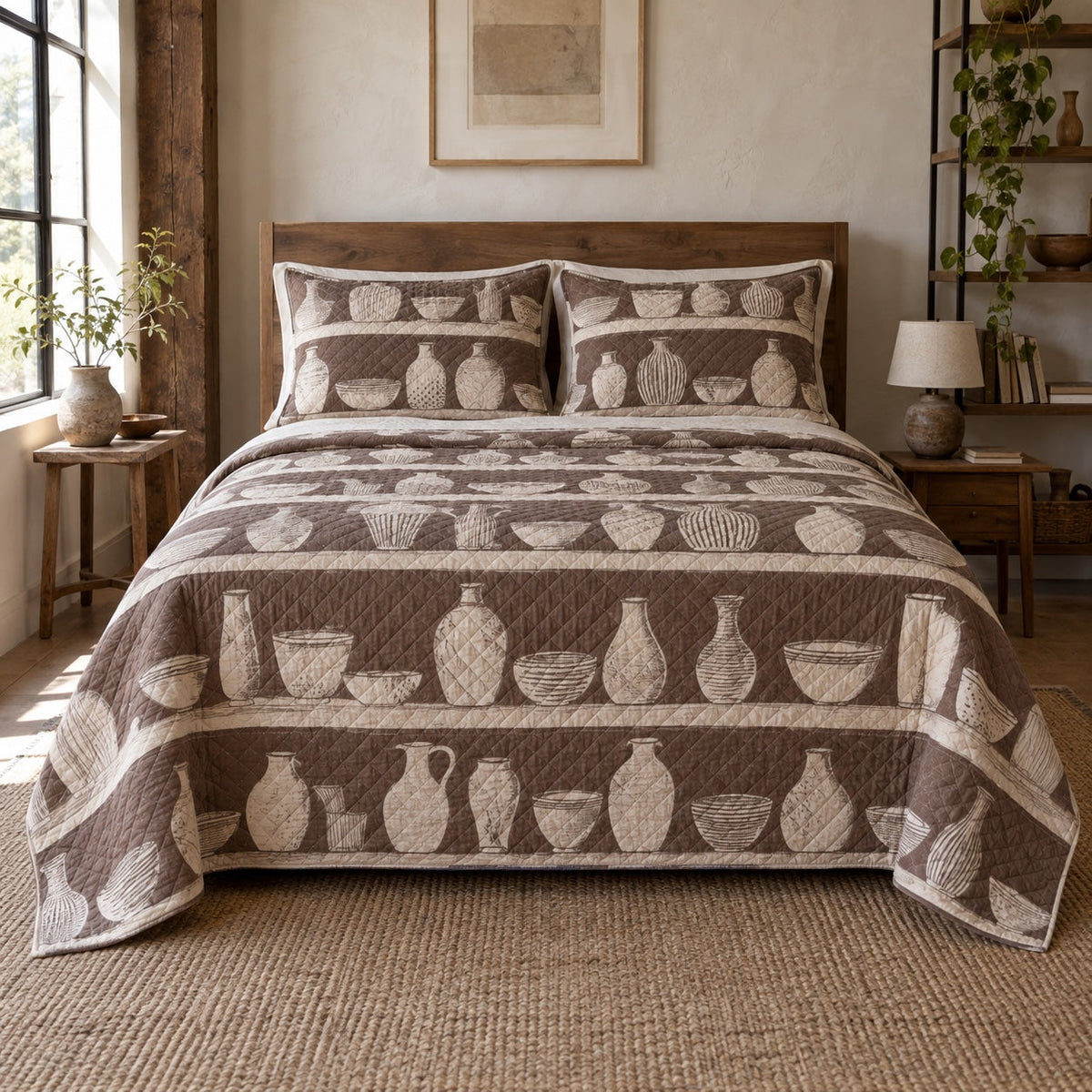 Studio Shelves Pottery Quilt Set, front pottery bedroom view