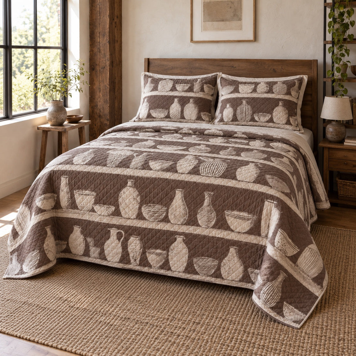 Studio Shelves Pottery Quilt Set, angled pottery bedroom view