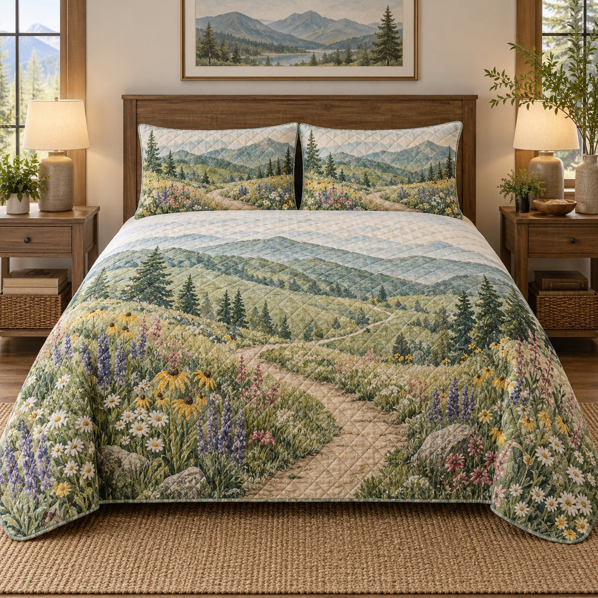 Wildflower Path Hiking Quilt Set, front hiking bedroom view