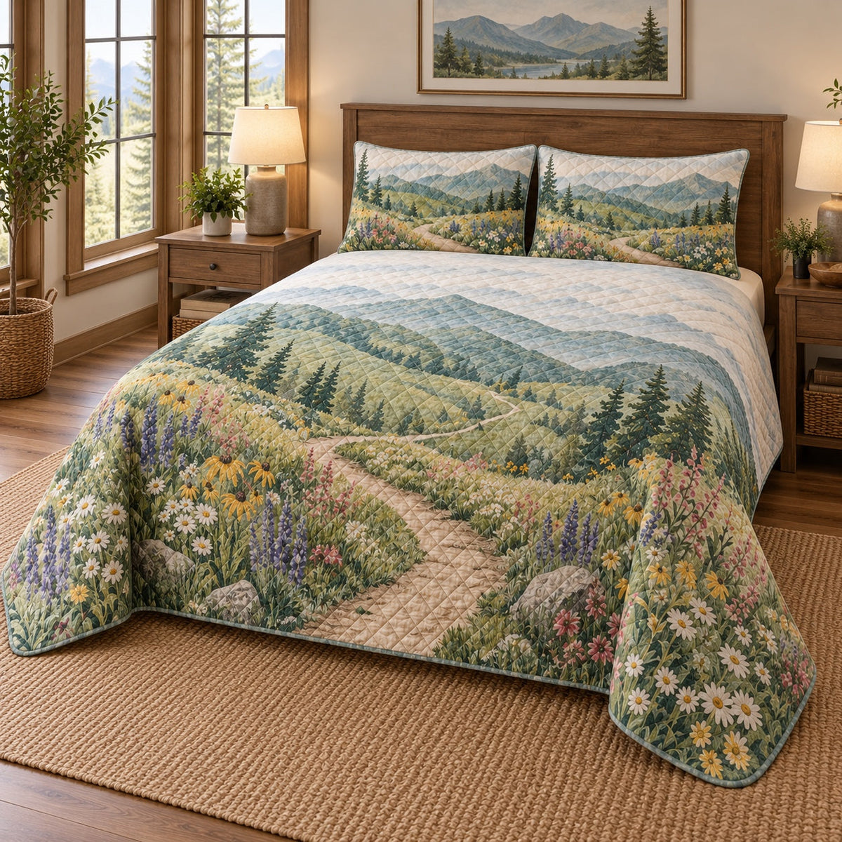 Wildflower Path Hiking Quilt Set, angled hiking bedroom view