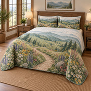 Wildflower Path Hiking Quilt Set, angled hiking bedroom view
