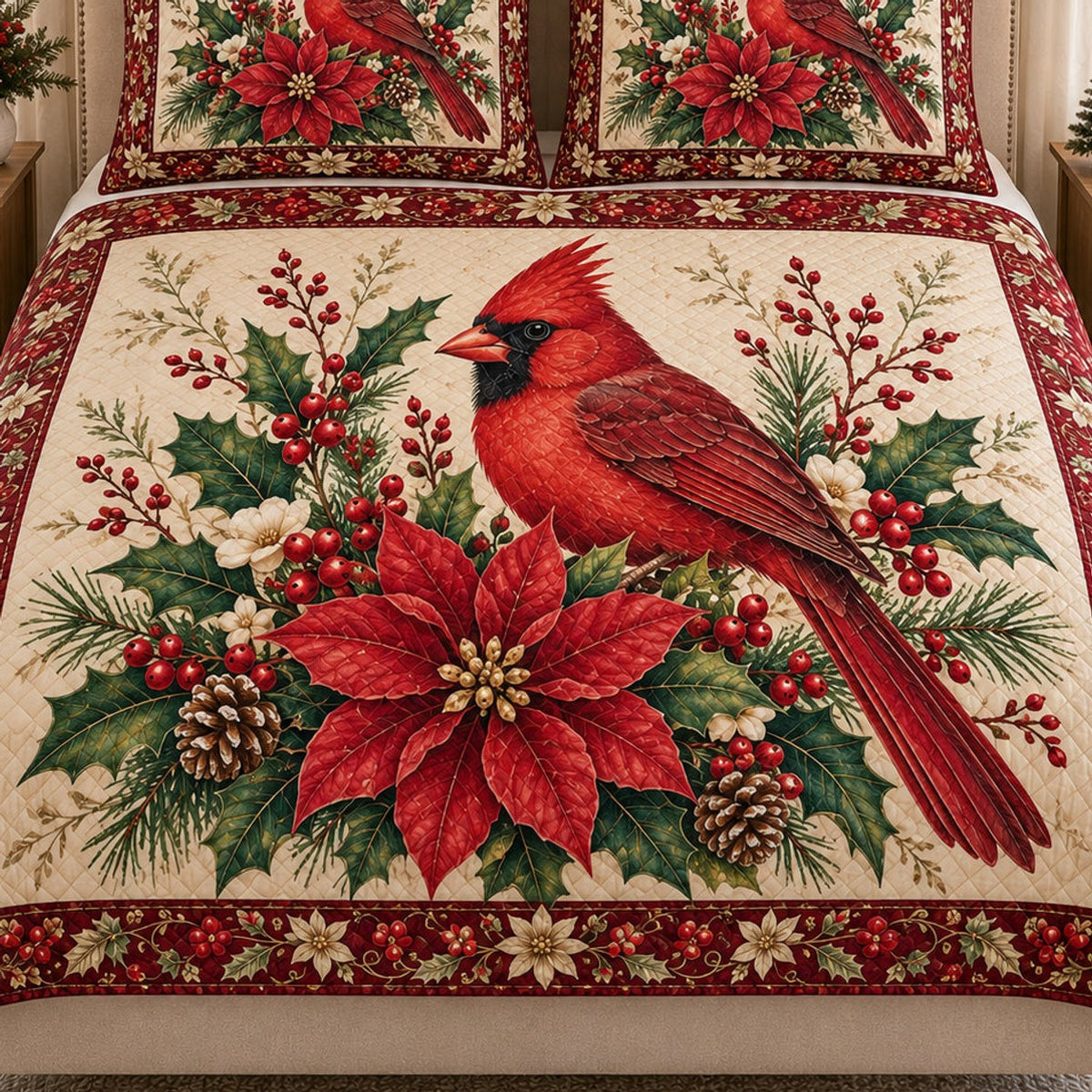 Close view of the Christmas Cardinal Floral Wreath quilt artwork and two matching shams