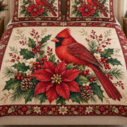 Close view of the Christmas Cardinal Floral Wreath quilt artwork and two matching shams