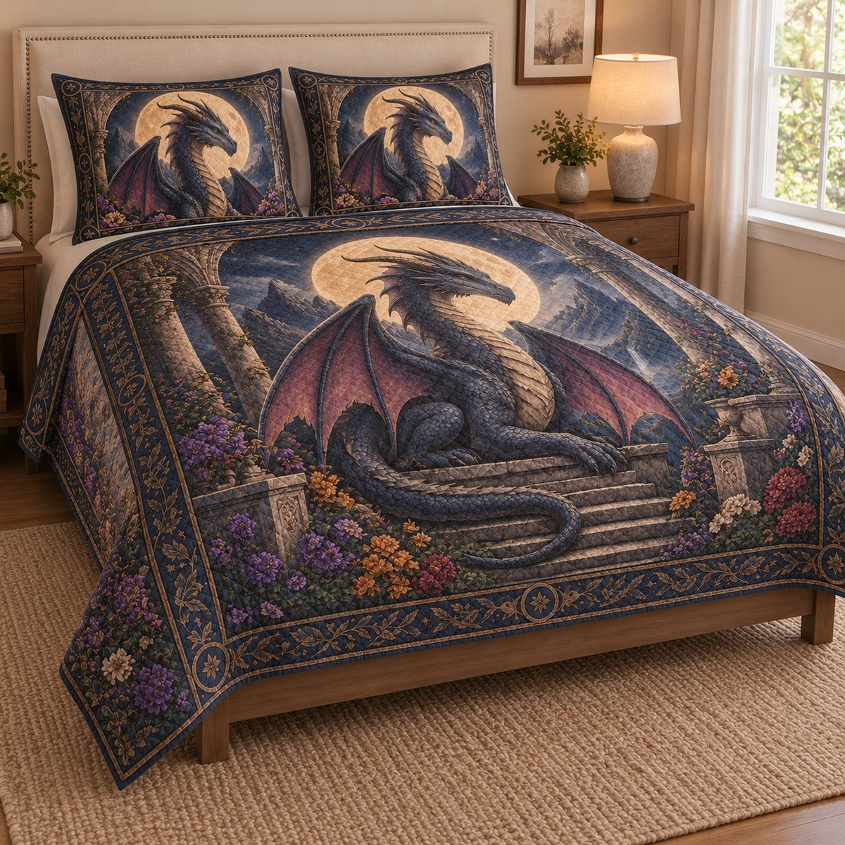 Gothic Dragon Full Moon Quilt Set: angled bedroom view showing the quilt artwork and coordinating shams