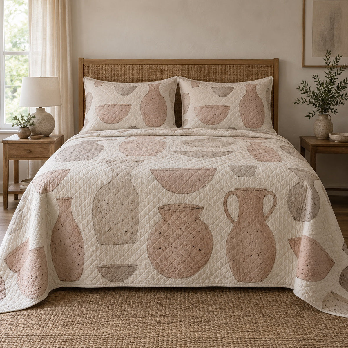 Speckled Clay Pottery Quilt Set, front pottery bedroom view