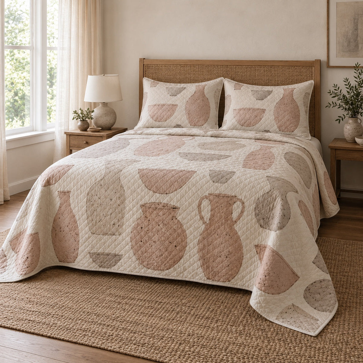 Speckled Clay Pottery Quilt Set, angled pottery bedroom view