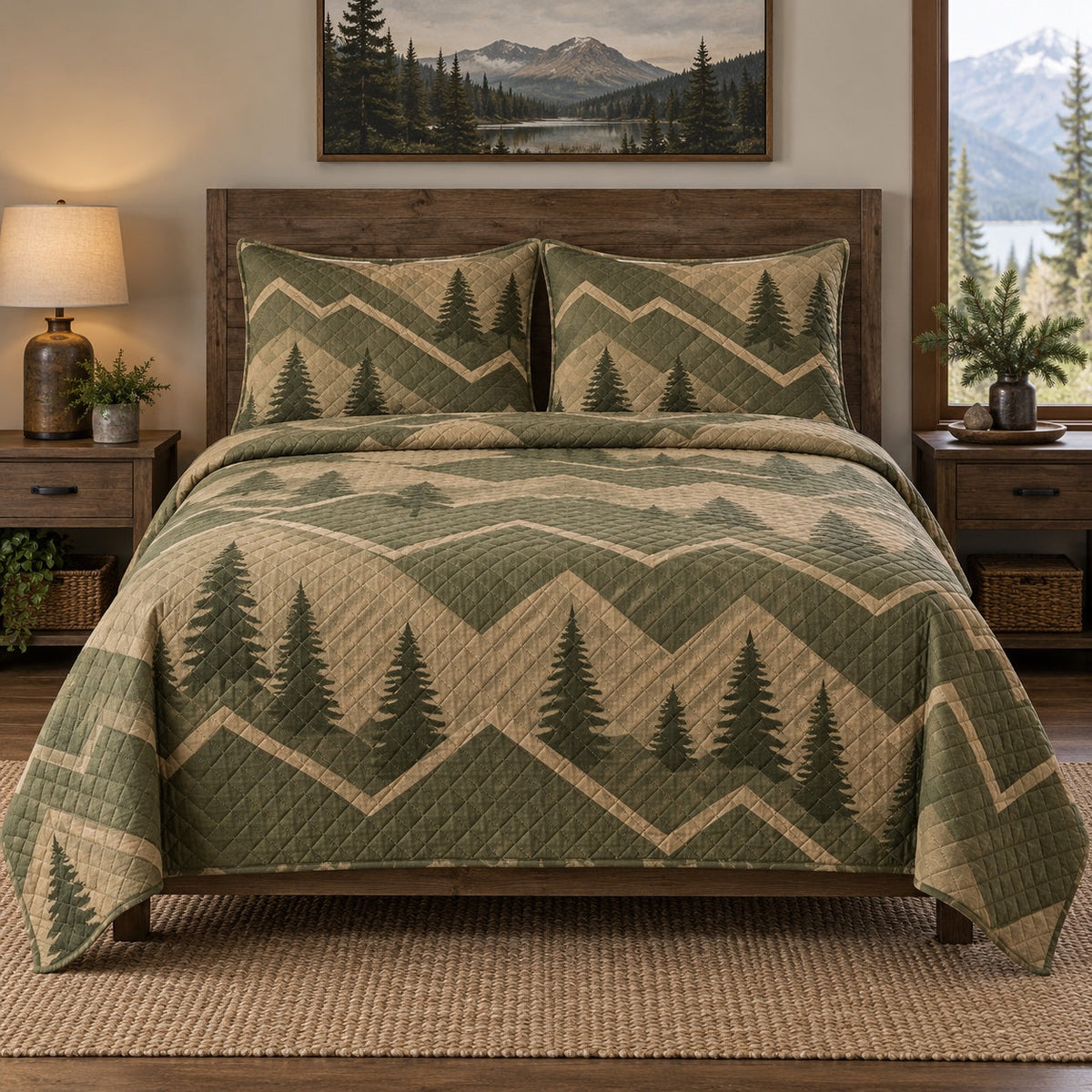 Pine Trail Geometry Hiking Quilt Set, front hiking bedroom view