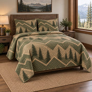 Pine Trail Geometry Hiking Quilt Set, angled hiking bedroom view