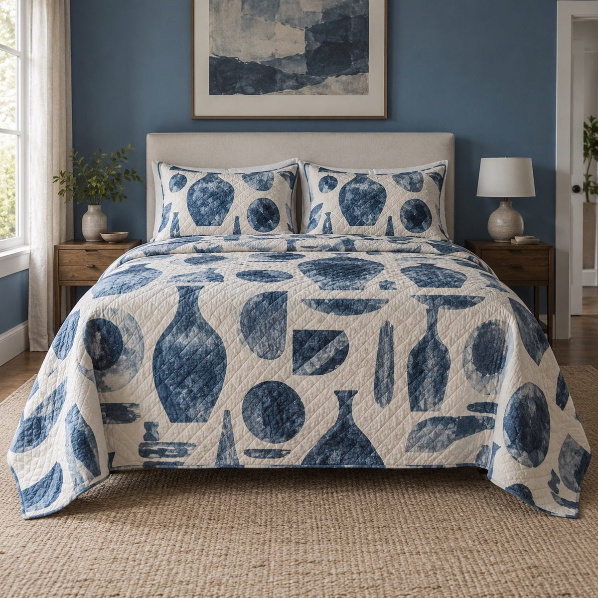 Indigo Glaze Pottery Quilt Set, front pottery bedroom view