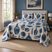 Indigo Glaze Pottery Quilt Set, angled pottery bedroom view