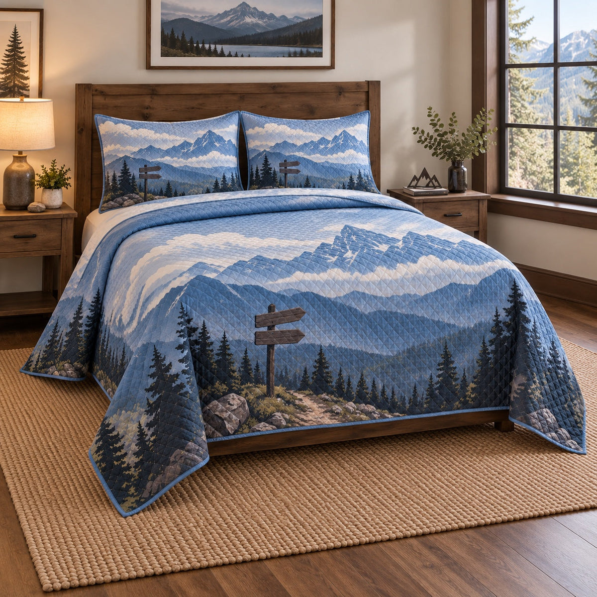 Blue Summit Hiking Quilt Set, angled hiking bedroom view