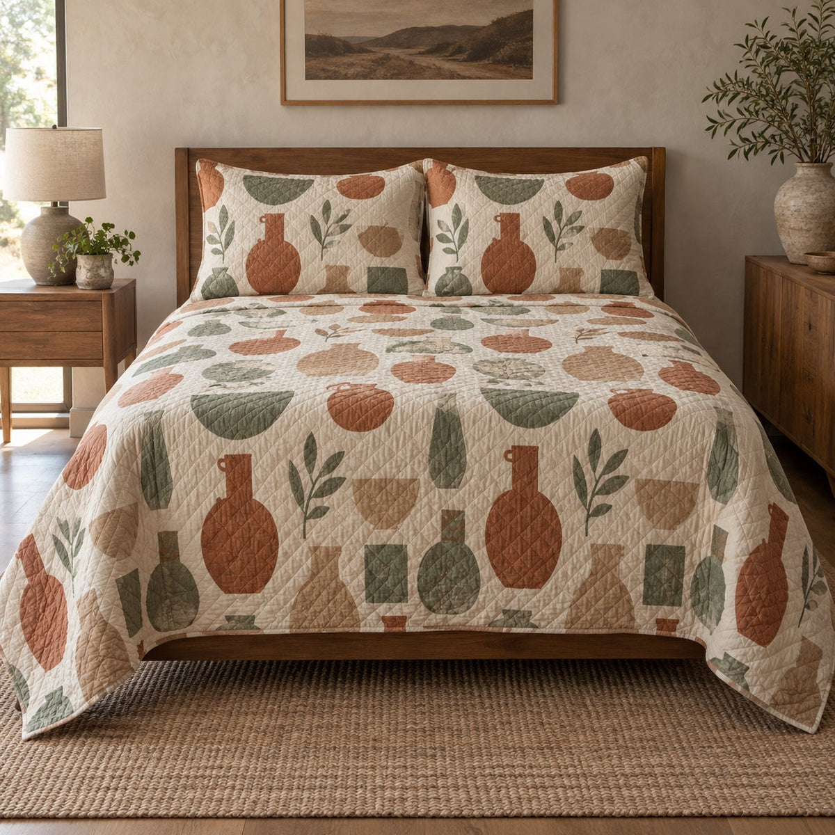 Earth Forms Pottery Quilt Set, front pottery bedroom view