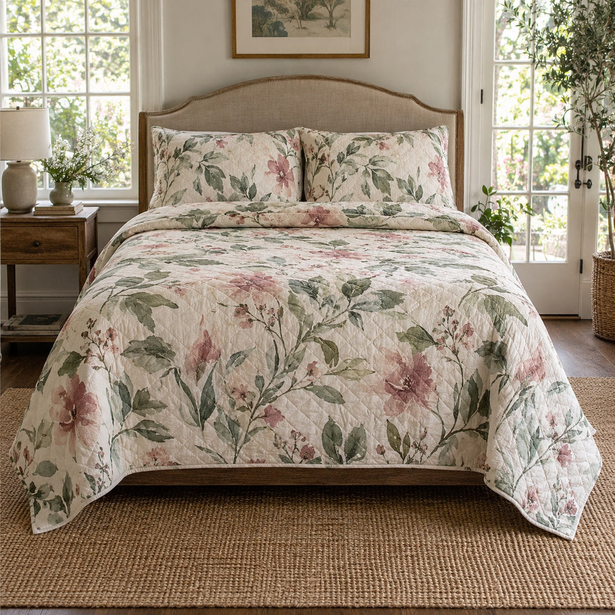 Brush Garden Watercolor Painting Quilt Set, front watercolor painting bedroom view