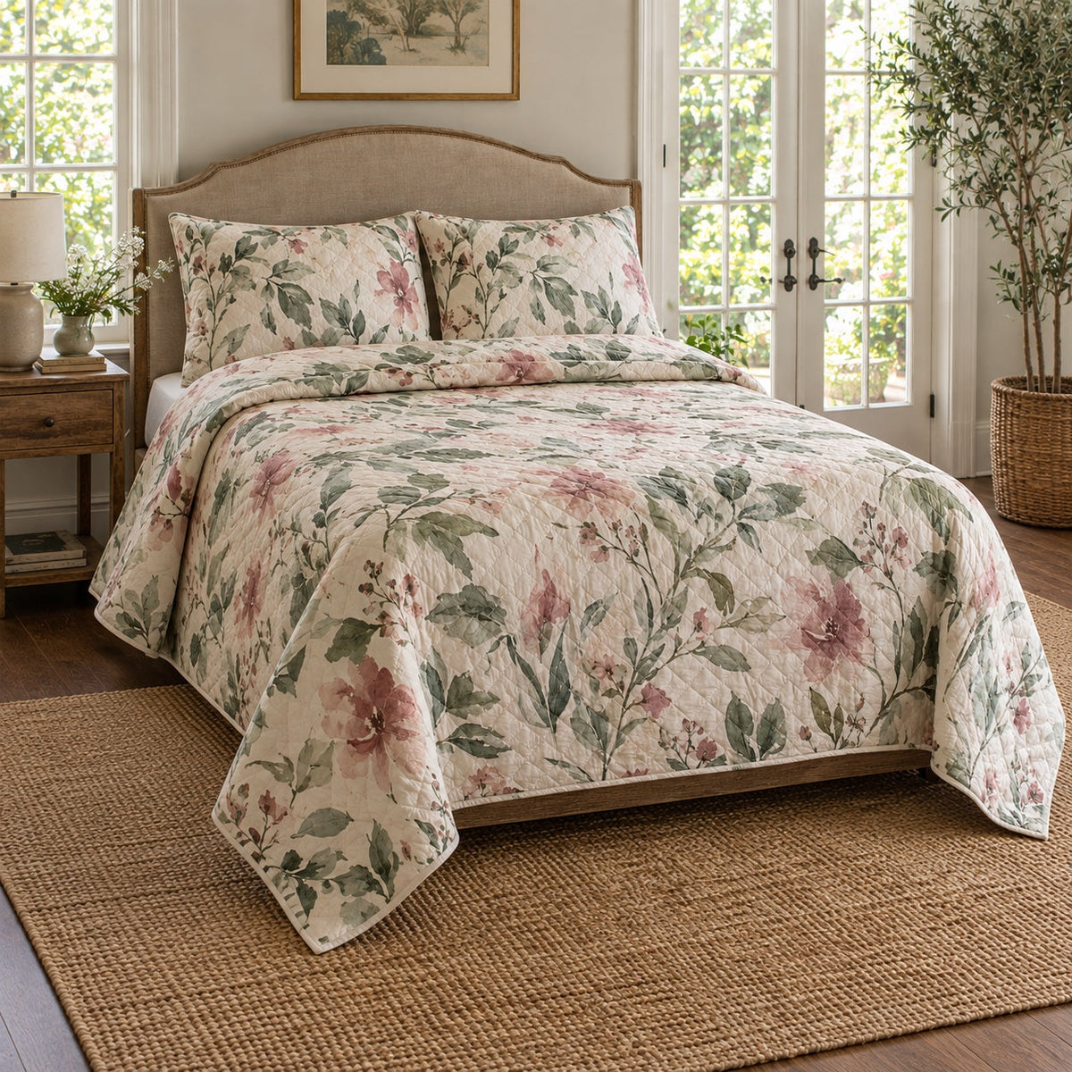 Brush Garden Watercolor Painting Quilt Set, angled watercolor painting bedroom view
