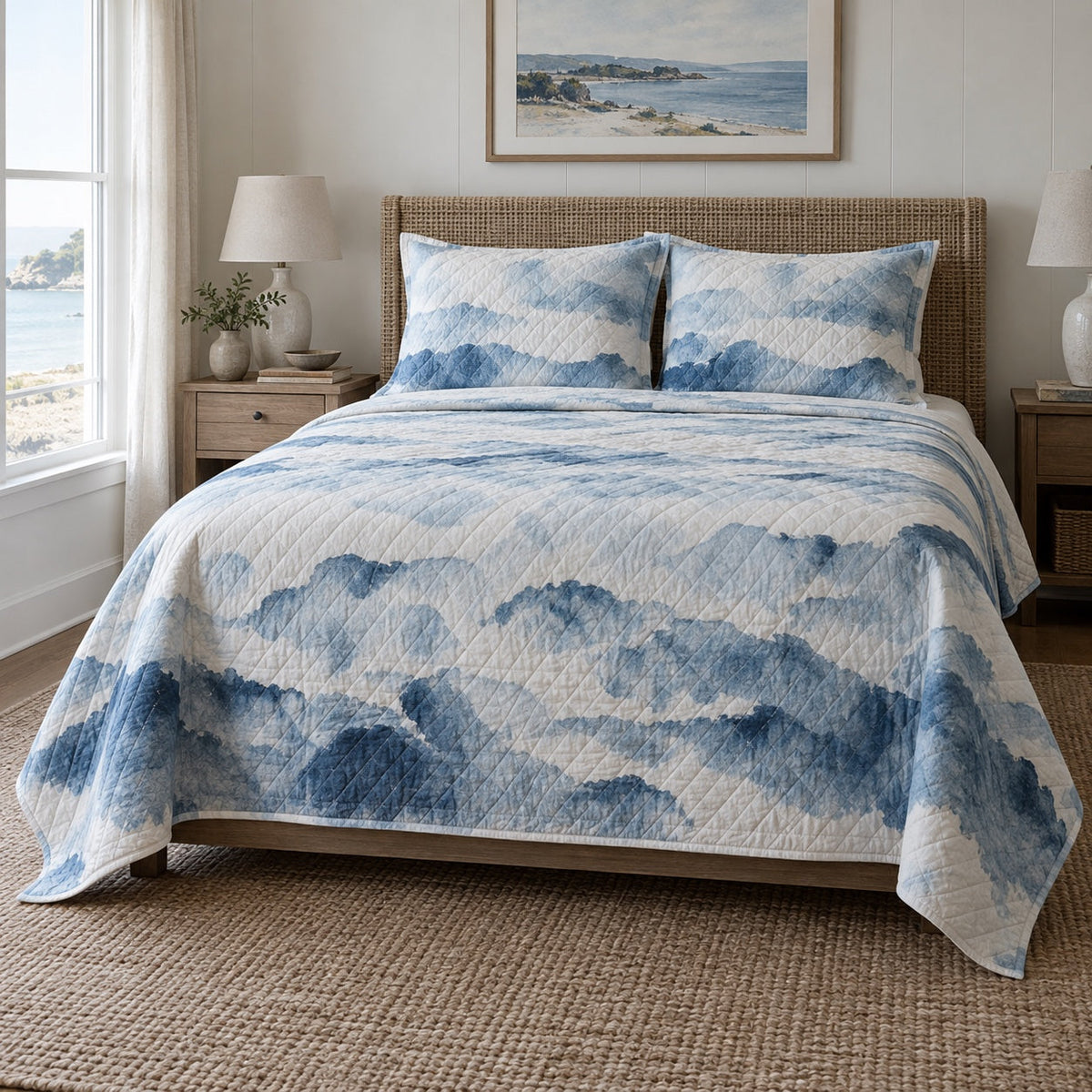 Blue Wash Watercolor Painting Quilt Set, front watercolor painting bedroom view