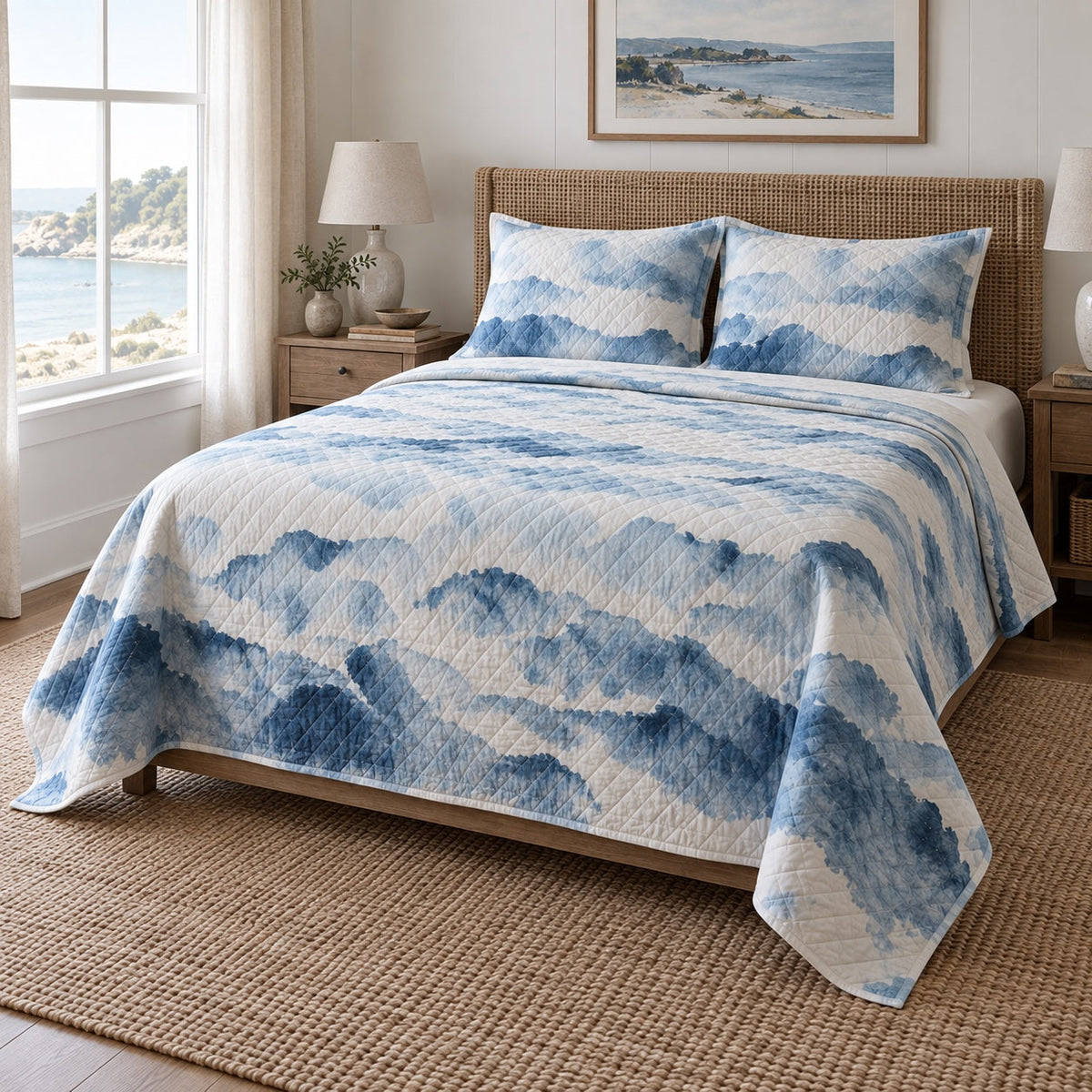 Blue Wash Watercolor Painting Quilt Set, angled watercolor painting bedroom view