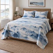 Blue Wash Watercolor Painting Quilt Set, angled watercolor painting bedroom view