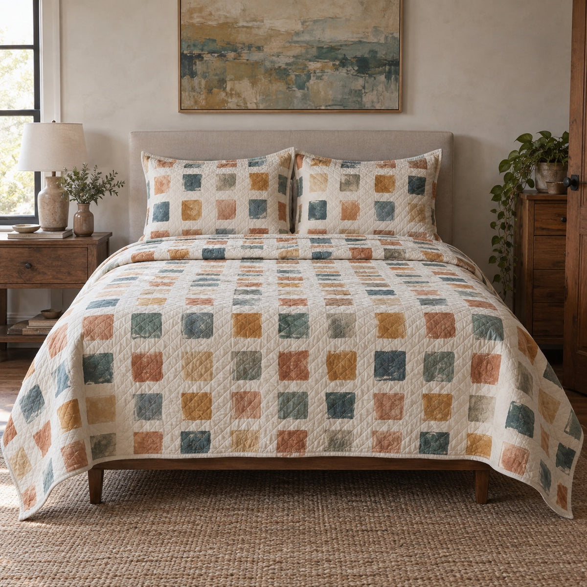 Color Notes Watercolor Painting Quilt Set, front watercolor painting bedroom view