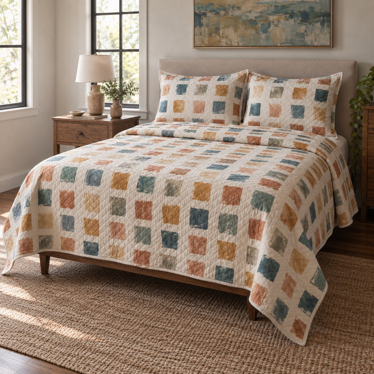Color Notes Watercolor Painting Quilt Set, angled watercolor painting bedroom view
