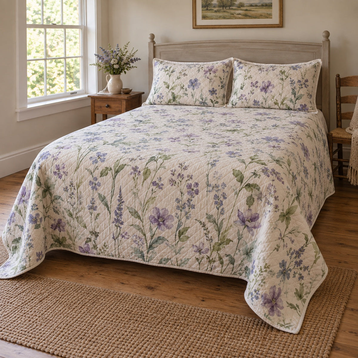 Wildflower Wash Watercolor Painting Quilt Set, angled watercolor painting bedroom view