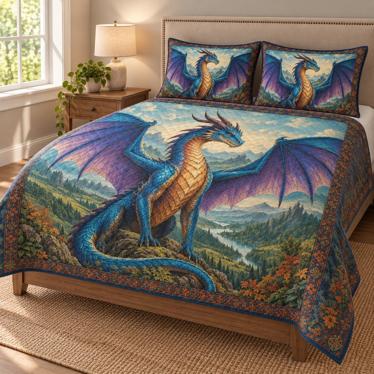 Blue Dragon Mountain Fantasy Quilt Set: angled bedroom view showing the quilt artwork and coordinating shams