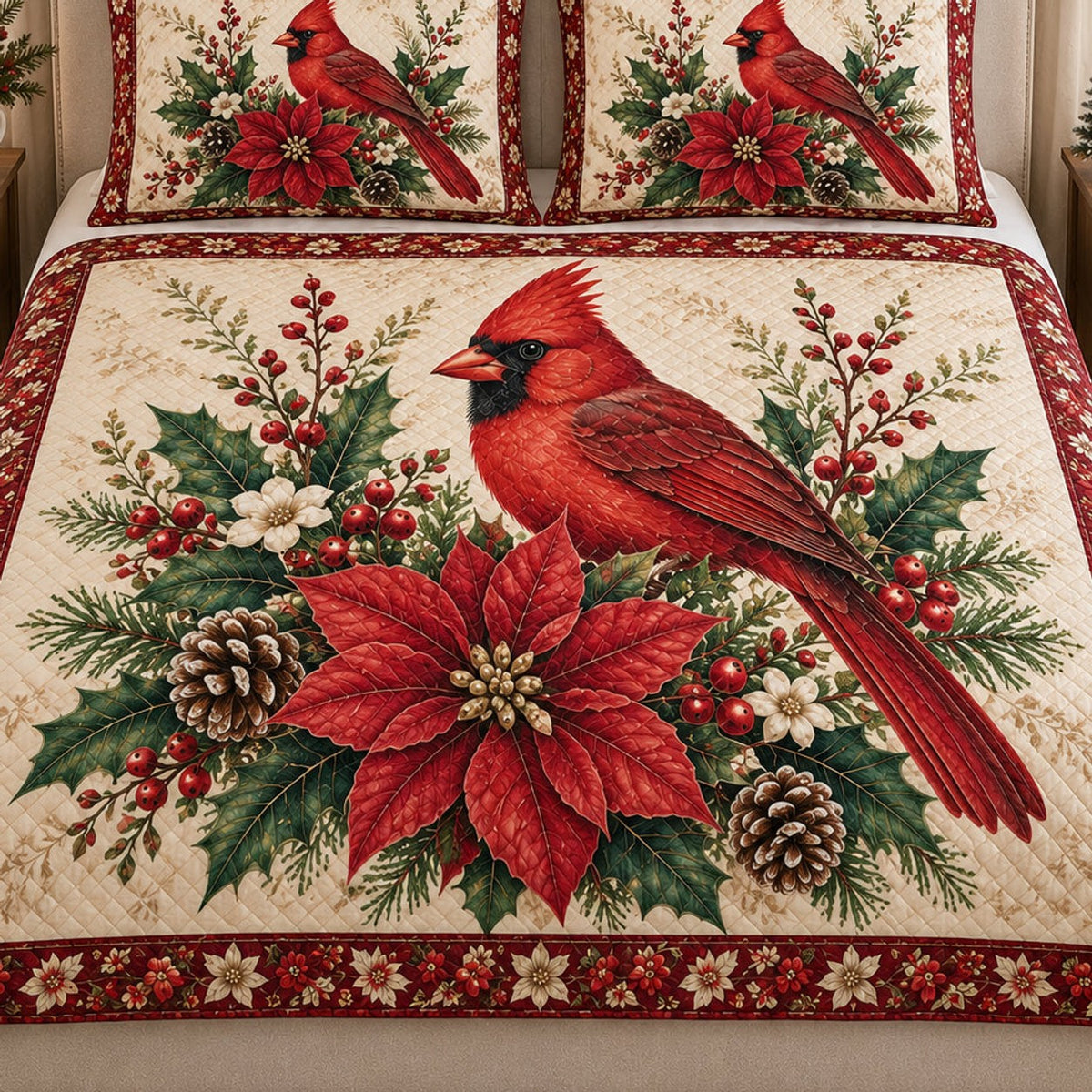 Close view of the Christmas Cardinal Pinecone Poinsettia quilt artwork and two matching shams