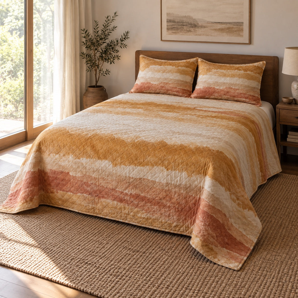 Ochre Horizon Watercolor Painting Quilt Set, angled watercolor painting bedroom view