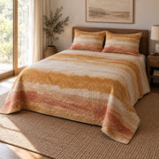 Ochre Horizon Watercolor Painting Quilt Set, angled watercolor painting bedroom view