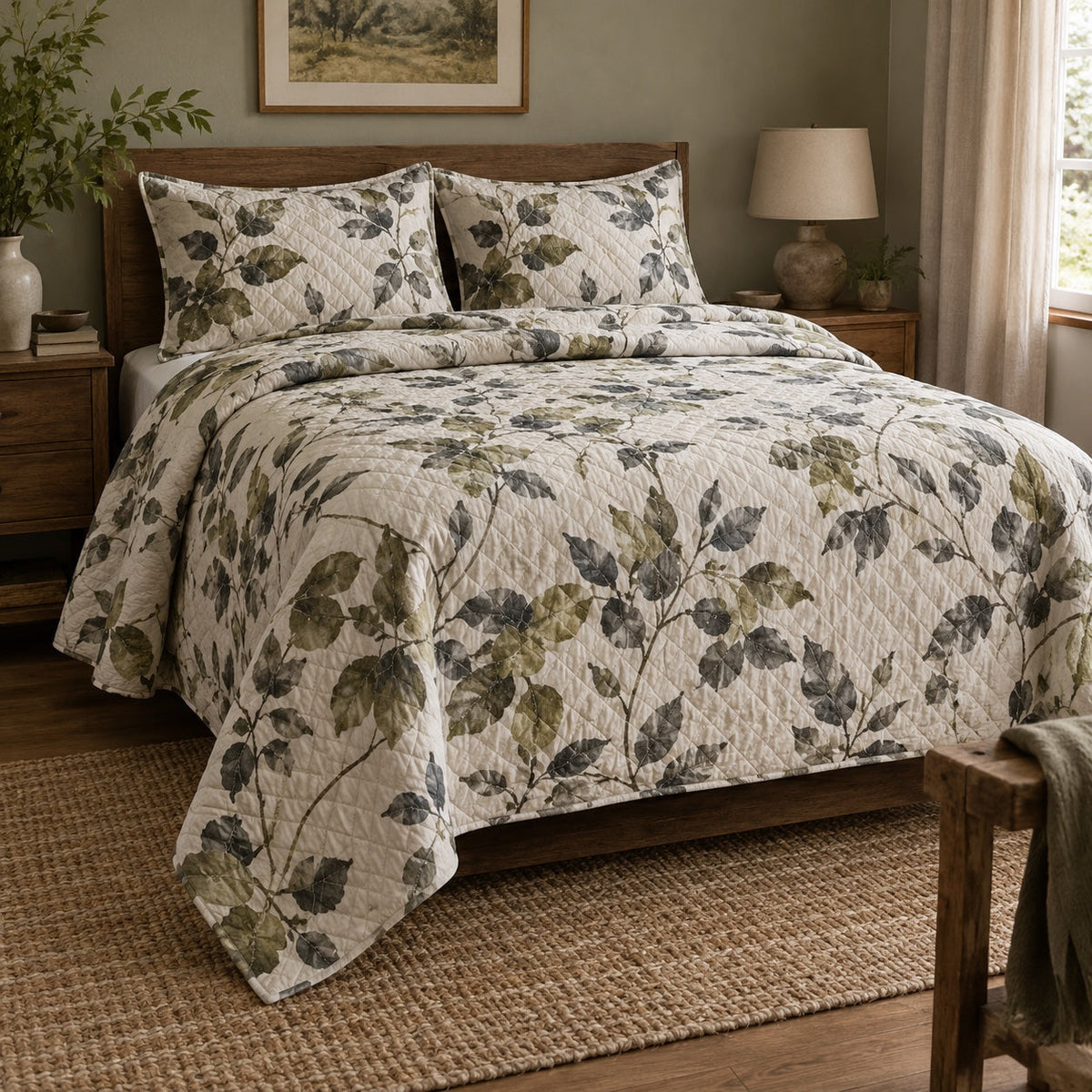Moss and Ink Watercolor Painting Quilt Set, front watercolor painting bedroom view
