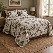 Moss and Ink Watercolor Painting Quilt Set, angled watercolor painting bedroom view