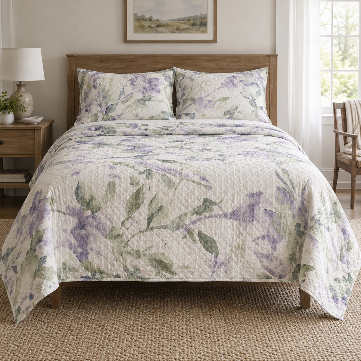 Lavender Field Watercolor Painting Quilt Set, front watercolor painting bedroom view