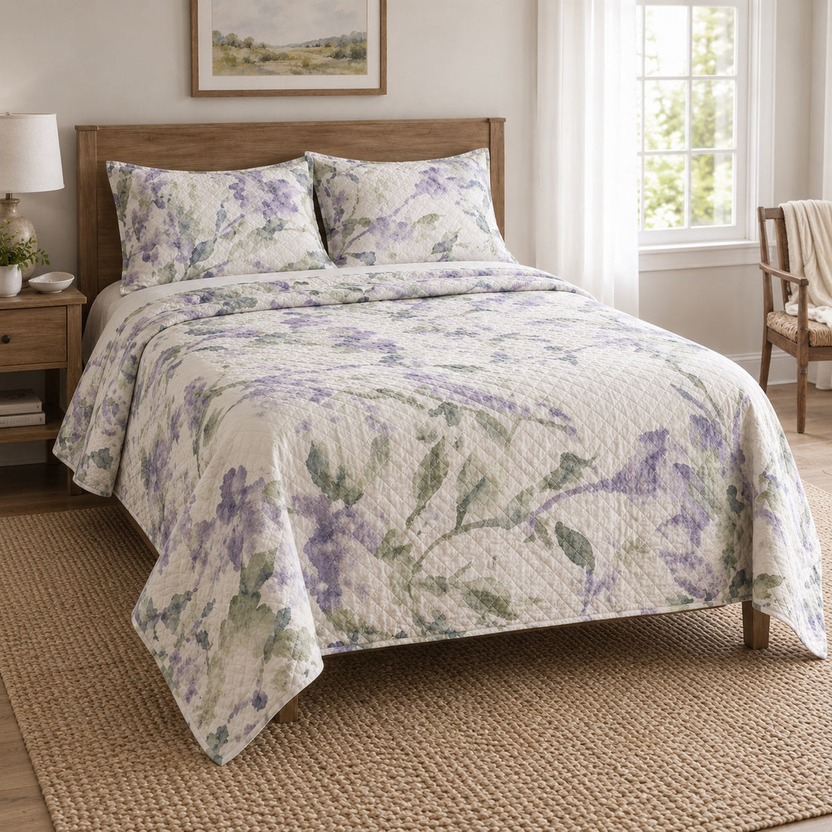 Lavender Field Watercolor Painting Quilt Set, angled watercolor painting bedroom view