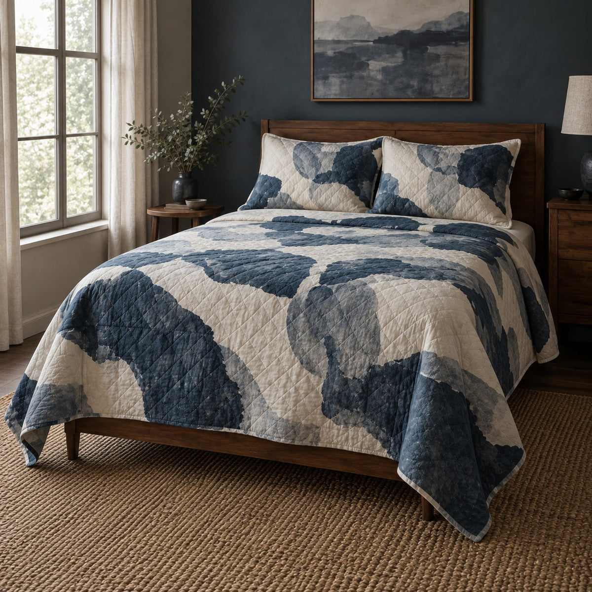Indigo Paper Watercolor Painting Quilt Set, angled watercolor painting bedroom view