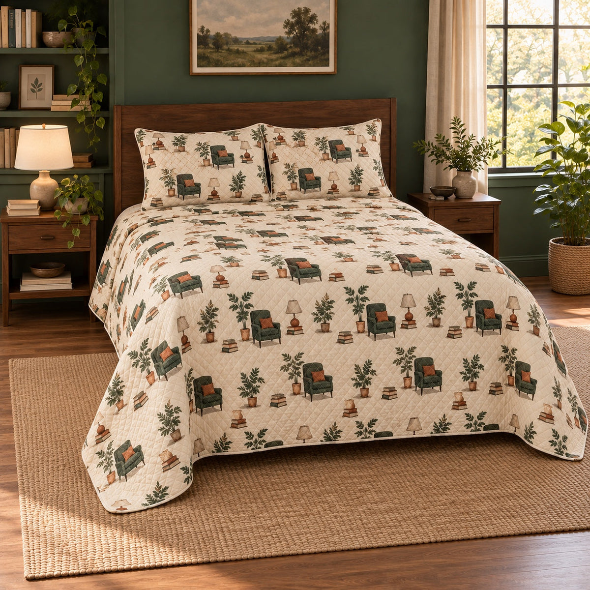 Quiet Reading Nook Homebody Quilt Set, angled introvert homebodies bedroom view