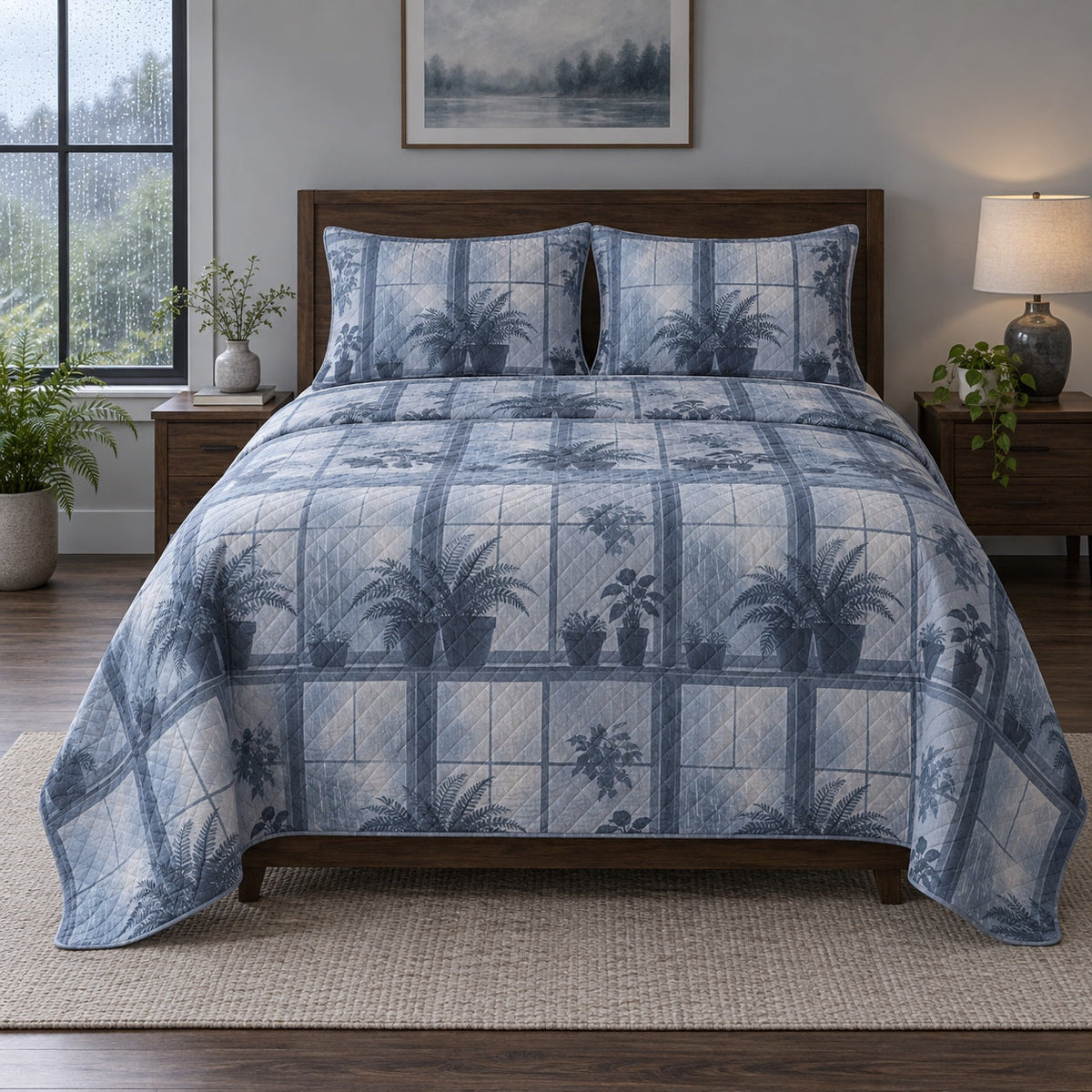 Rainy Window Homebody Quilt Set, front introvert homebodies bedroom view