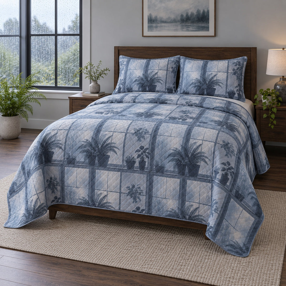 Rainy Window Homebody Quilt Set, angled introvert homebodies bedroom view